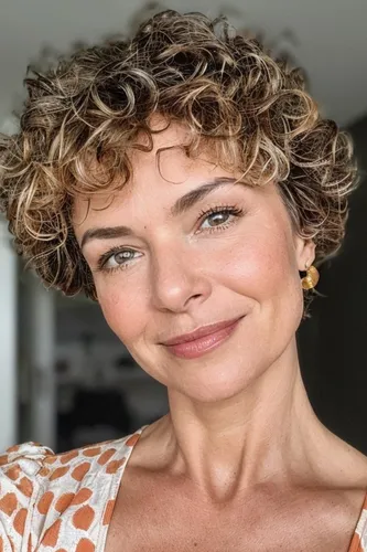 try on curly, short hairstyle with highlighted strands