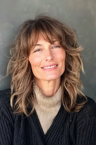 Try on this medium-length wavy hairstyle with subtle highlights and soft, wispy bangs.