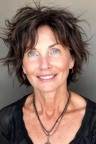 Try on a messy, short hairstyle that adds a dynamic and textured look.