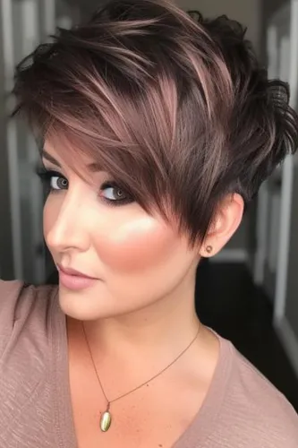 try on a short layered hairstyle with spiked tips and a side-swept front