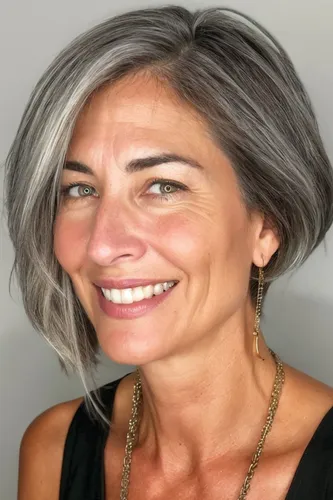 try on a stylish medium length gray hairstyle with soft waves and natural-looking tones