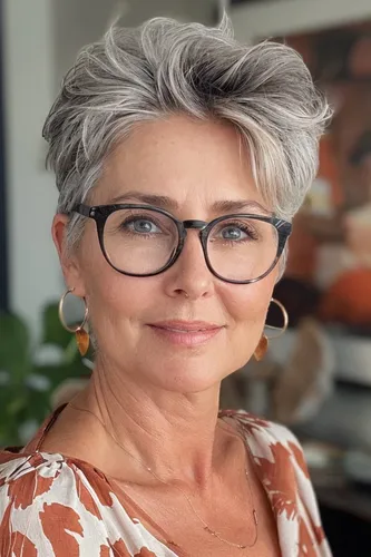 Try on this elegant wavy short hairstyle in silver-gray color, perfectly complementing a sophisticated look.