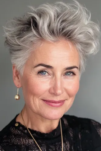 Try on this elegant short, wavy, gray hairstyle that gives a sophisticated and youthful appearance.