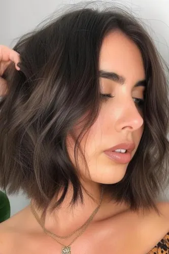 Try on this style featuring a shoulder-length wavy hairstyle with subtle highlights, ideal for a fresh and modern look.