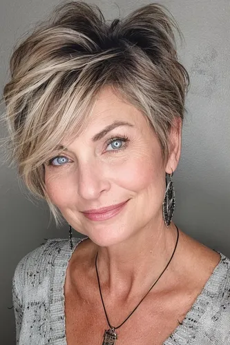 Try on this stylish short blonde hairstyle, featuring a layered look with added volume on top and darker roots that give a modern touch.