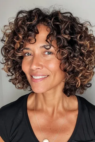Try on this voluminous curly hairstyle featuring rich brown tones with subtle highlights.