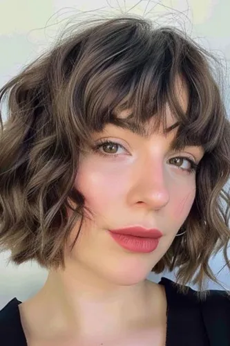 Try on a hairstyle featuring a wavy bob with bangs.
