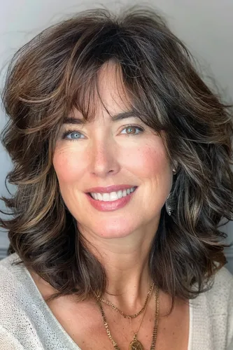 Try on a medium-length wavy hairstyle with layered bangs, providing a youthful and approachable look.