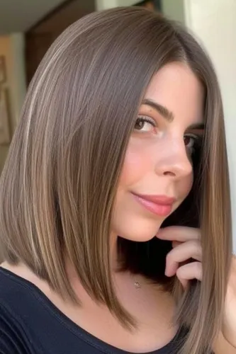 Try on this elegant straight, medium-length hairstyle with a subtle side parting, featuring a smooth texture and a natural brown color that enhances a soft, sophisticated look.