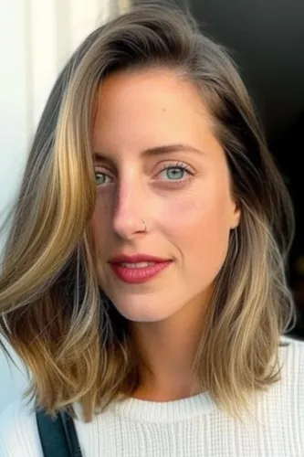 Try on this hairstyle featuring a medium-length wavy ombre look with darker roots transitioning to lighter tips.