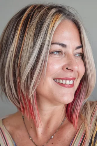 Try on a multi-toned bob cut featuring blonde, brown, and red hues