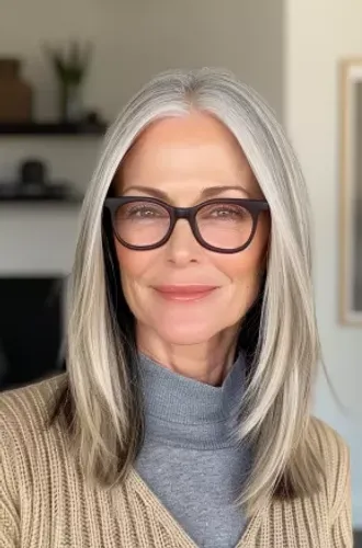 Try on this elegant long wavy gray hairstyle.