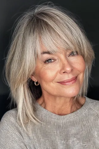 Try on this stylish layered hairstyle with bangs, featuring a blend of blonde tones.