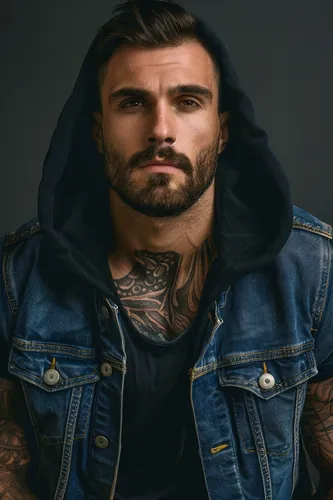 Try on a slicked back hairstyle, visible atop a man's head, neatly styled with a glossy finish. This hairstyle is coupled with a denim jacket and dark hoodie.