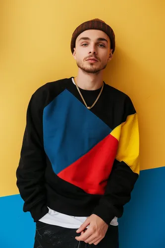 try on a brown, curly hairstyle visible beneath a beanie hat