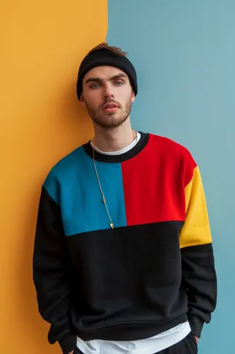 Try on this short hair look featuring a man in a multicolored sweatshirt against a dual-tone wall.