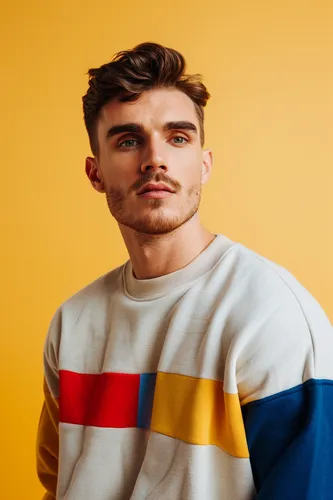 Try on a short, wavy hairstyle shown on a person standing against a yellow background. The hair is styled with volume on top and textured waves.