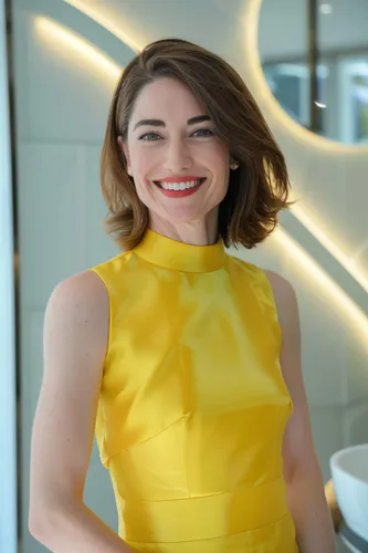 Try on a style featuring a woman with a sleek short bob haircut