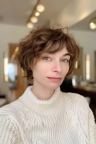 Try on this chic short wavy hairstyle, ideal for adding volume and texture, characterized by light, tousled waves that frame the face beautifully.