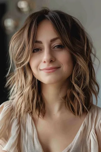 Try on this hairstyle featuring a medium-length, wavy cut with sun-kissed highlights, creating a look of texture and volume.
