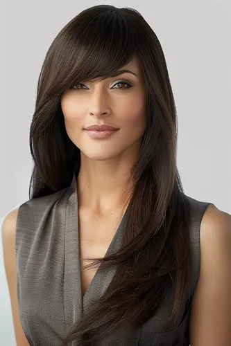 Try on this sleek hairstyle featuring long, flowing hair with side-swept bangs elegantly framing the face.