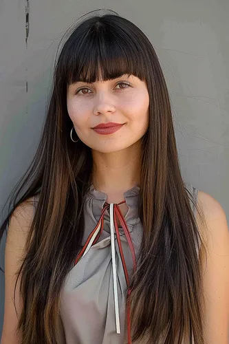 Try on this hairstyle featuring straight hair with bangs that cover the forehead.