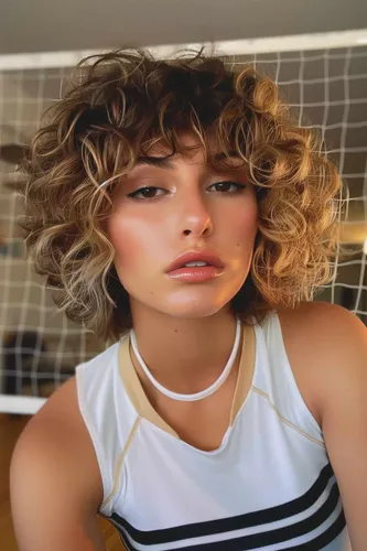 Try on a short, curly hairstyle in golden-brown hues, framing the face with voluminous ringlets that enhance the soft, rounded features.