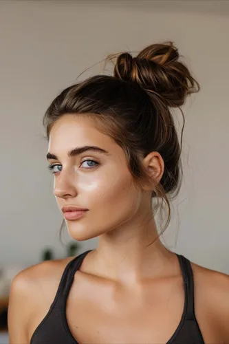Try on this messy bun hairstyle on light brown hair gathered atop the head with some loose strands framing the sides.