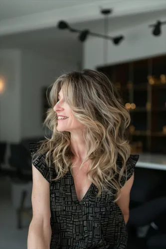 Try on this beautiful wavy blond hairstyle that features soft, flowing waves blending into lighter tips, creating a sun-kissed effect