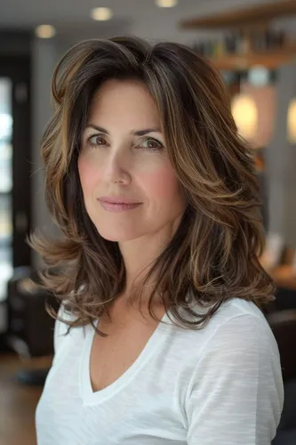 Try on this stylish wavy, layered haircut enhanced with blonde highlights, perfect for a fresh and dynamic look. The hair cascades gracefully with each layer defined and accentuated, suggesting a voluminous and texturized style.