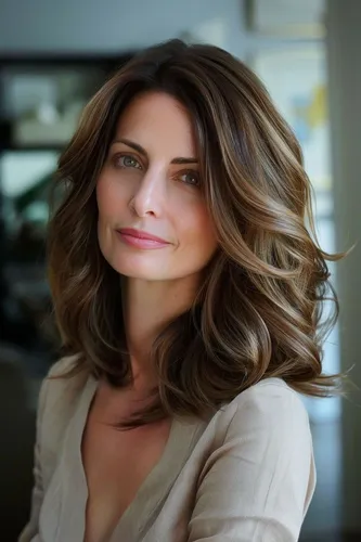 Try on this beautiful medium-length wavy brown hairstyle
