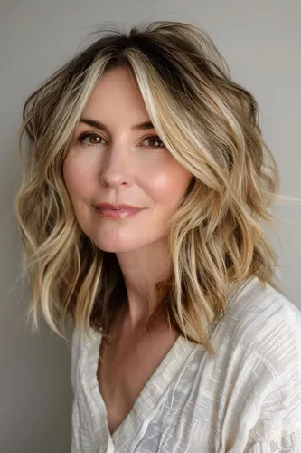 Try on this wavy blonde hairstyle featuring soft, tousled waves that add a relaxed and chic look.