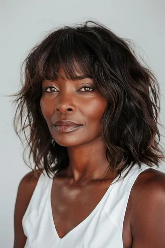 Try on this chic wavy hairstyle with a light fringe that elegantly frames the face.