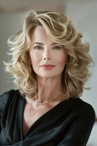 Try on this elegant and voluminous blonde curly hairstyle, perfect for a graceful look.
