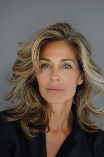 Try on this medium-length layered wavy hairstyle that elegantly frames the face with soft, flowing waves, adding volume and a smooth, graceful look.
