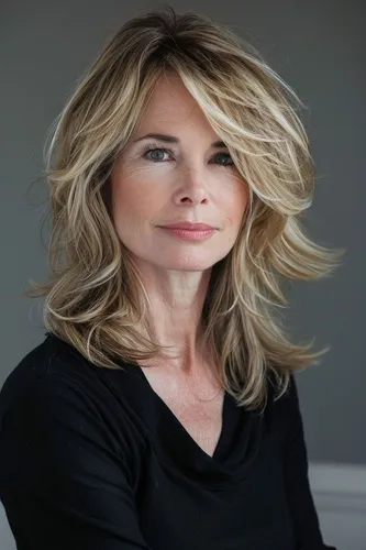 Try on a blonde layered hairstyle with subtle waves.