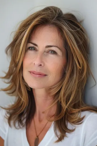 Try on this hairstyle featuring long, subtly layered hair with light brown and blonde highlights that create a natural sun-kissed look. The hair gracefully frames the face, enhancing the gentle waves that add volume and texture.