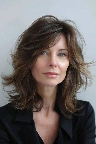 Try on this luxurious wavy, medium-length hairstyle, featuring soft, flowing layers that add volume and frame the face elegantly.