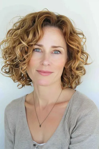 Try on this medium-length curly hairstyle with natural brown highlights