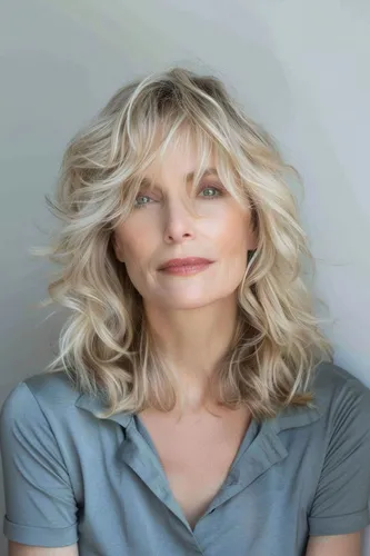 Try on this trendy blonde curly hairstyle, characterized by soft, voluminous curls that cascade beautifully around the shoulders.
