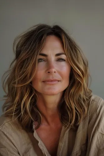 Try on this hairstyle featuring medium length wavy hair with subtle highlights