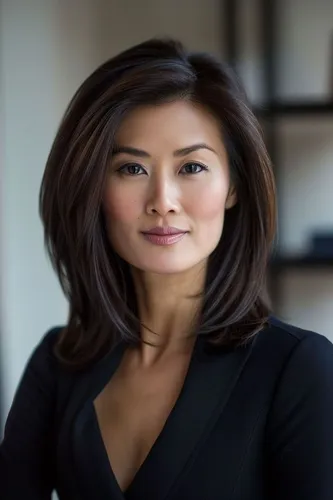 Try on this elegant medium-length wavy hairstyle featuring smooth flowing layers that gently frame the face.