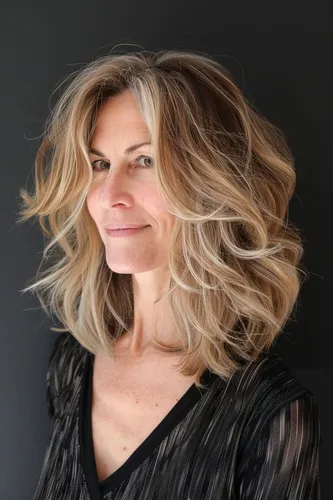 Try a look featuring medium-length blonde hair with soft waves, adding volume and texture.