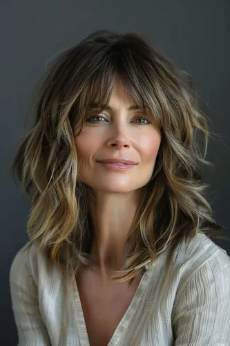 Try on this stylish medium length wavy hairstyle featuring layered waves with light brown and blonde highlights.