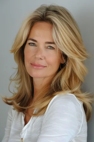 Try on a medium-length blonde wavy hairstyle, giving a relaxed and stylish appearance.