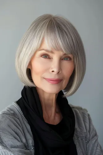 Try on this chic gray bob hairstyle featuring a smooth texture and a fringe that gracefully frames the face. This hairstyle can add a sophisticated touch to your overall look, making it suitable for various occasions.
