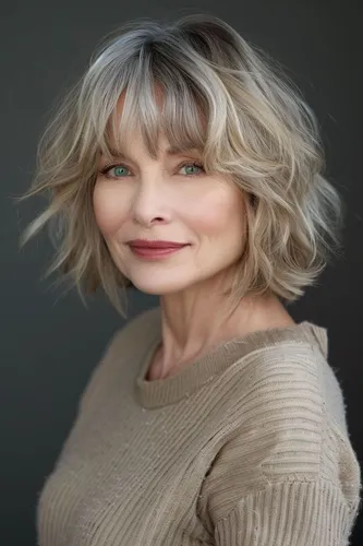 Try on this stylish shoulder-length wavy hairstyle with bangs, featuring a blend of gray and blonde tones that add a graceful and vibrant look. Ideal for giving a fresh and elegant appearance.