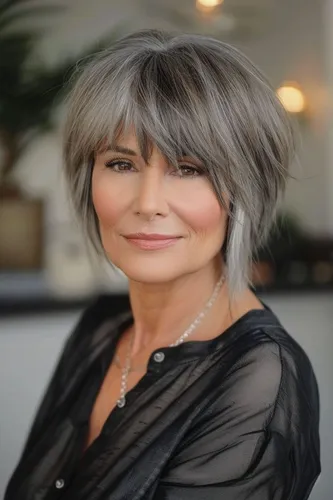 Try on this stylish shaggy bob with gray tones.