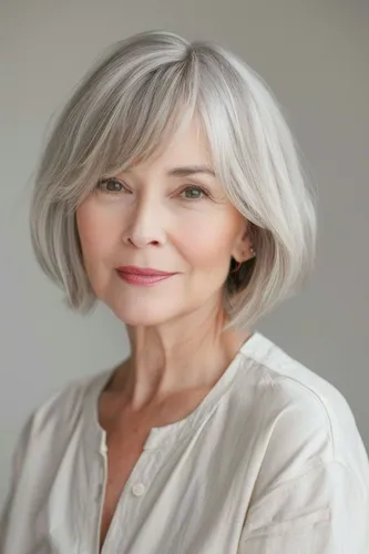 Try on this elegant short bob cut with subtle layers and a graceful silver-gray coloring, complemented by bangs gently framing the face.