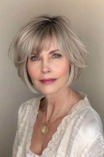 Try on this stylish silver bob hairstyle with a fringe, complementing a poised and graceful appearance.